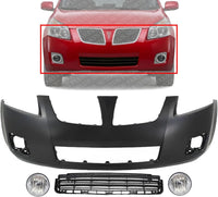 Front Bumper Cover Primed Plastic + Lower Center Grille + Fog Lights Left Driver & Right Passenger Side Replacement Compatible With 2009-2010 Pontiac Vibe