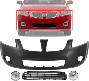 Front Bumper Cover Primed Plastic + Lower Center Grille + Fog Lights Left Driver & Right Passenger Side Replacement Compatible With 2009-2010 Pontiac Vibe