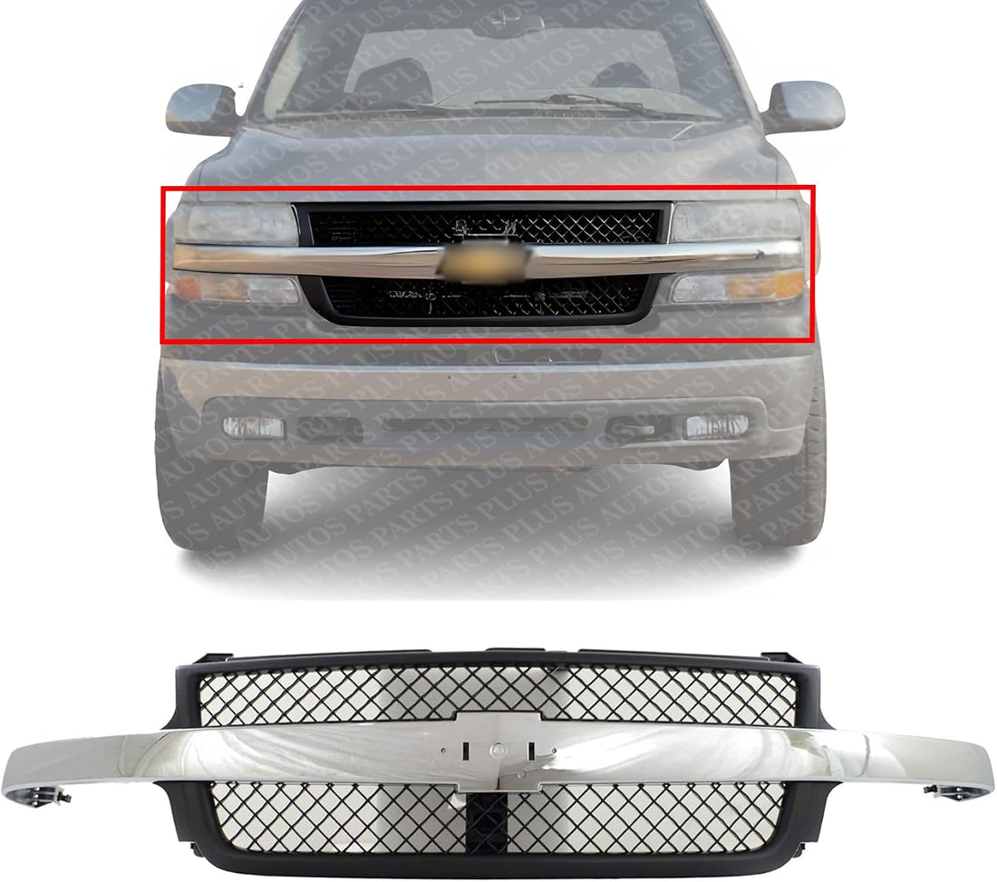 Front Grille Black Mesh With Chrome Center Bar Direct Replacement Compatible With 2001-2002 Chevrolet Silverado 2500HD / 3500 GM1200523 15088290