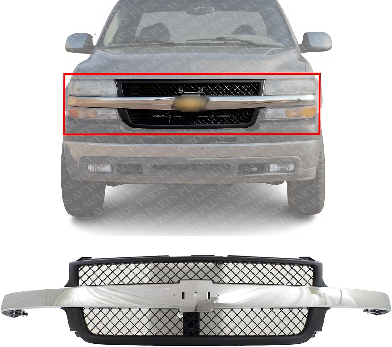Front Grille Black Mesh With Chrome Center Bar Direct Replacement Compatible With 2001-2002 Chevrolet Silverado 2500HD / 3500 GM1200523 15088290