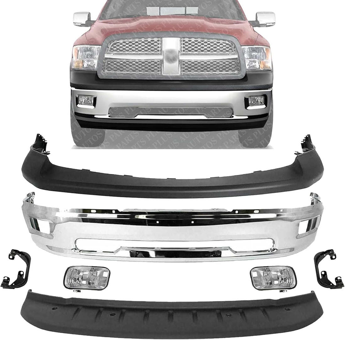 Front Bumper Chrome + Upper Cover Textured + Lower Valance Primed + Fog Lights With Brackets Right & Left Side Direct Replacement Compatible With 2009-2012 Dodge Ram 1500 CH1002386