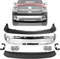 Front Bumper Chrome + Upper Cover Textured + Lower Valance Primed + Fog Lights With Brackets Right & Left Side Direct Replacement Compatible With 2009-2012 Dodge Ram 1500 CH1002386
