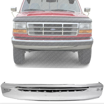 Front Bumper Chrome Steel With Molding & Without Air Intake Holes Direct Replacement Compatible With 1992-1996 Ford F-Series FO1002237 F2TZ17757B
