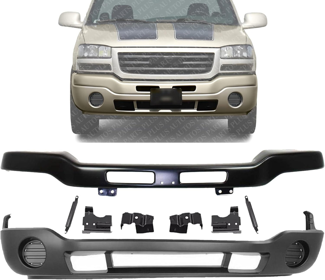 Front Bumper Steel With Brackets + Lower Valance Primed without Fog Light Holes Direct Replacement Compatible With GMC Sierra 1500 2500HD 3500 2003-2006 GM1000685 GM1002464