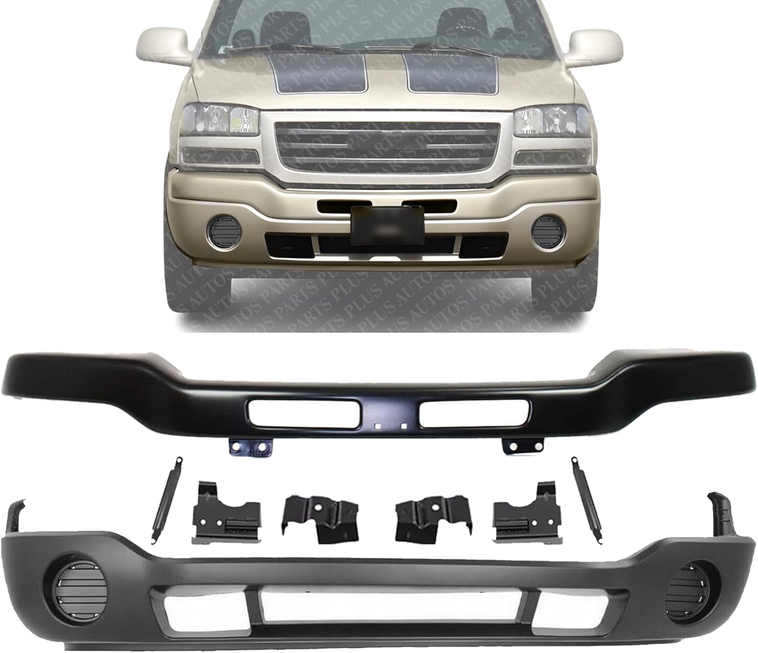 Front Bumper Steel With Brackets + Lower Valance Primed without Fog Light Holes Direct Replacement Compatible With GMC Sierra 1500 2500HD 3500 2003-2006 GM1000685 GM1002464