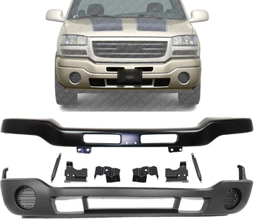 Front Bumper Steel With Brackets + Lower Valance Primed without Fog Light Holes Direct Replacement Compatible With GMC Sierra 1500 2500HD 3500 2003-2006 GM1000685 GM1002464