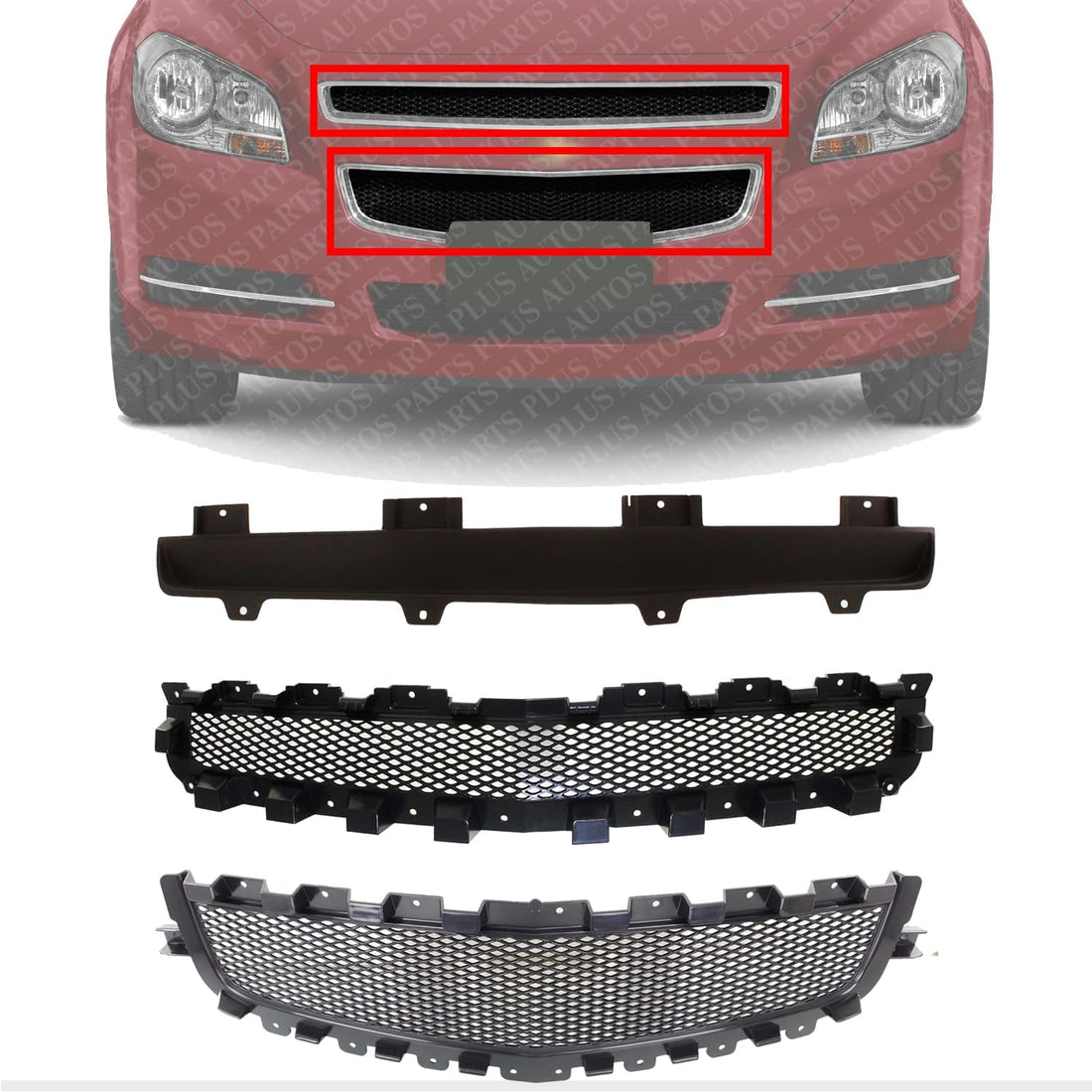 Set Of 3 Front Grille Cover + Upper & Center Paintable Shell and Insert Direct Replacement Compatible With 2008-2012 Chevrolet Malibu GM1223104 GM1200600 GM1200601 15823699 15823700