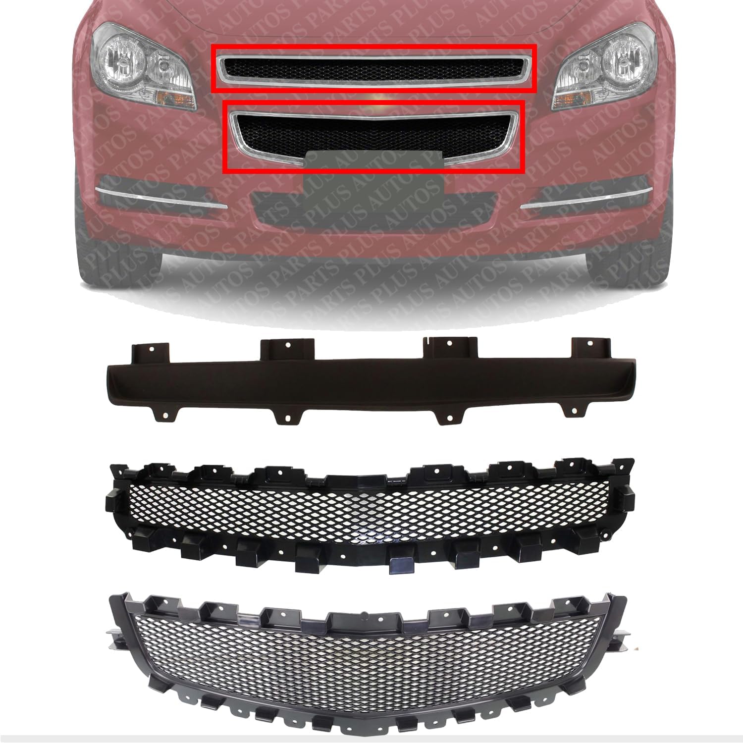 Set Of 3 Front Grille Cover + Upper & Center Paintable Shell and Insert Direct Replacement Compatible With 2008-2012 Chevrolet Malibu GM1223104 GM1200600 GM1200601 15823699 15823700