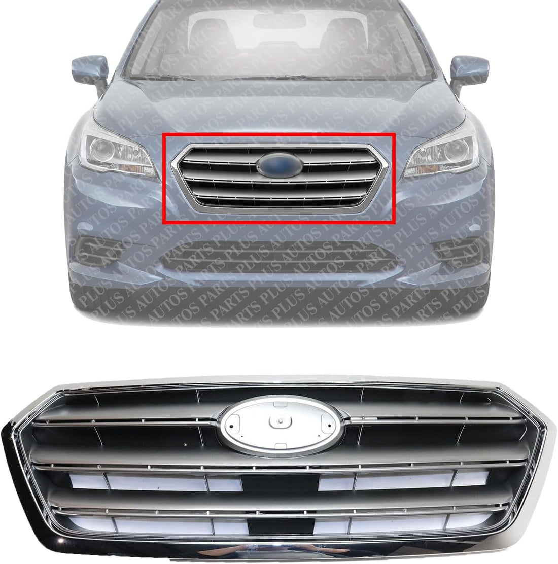 Front Grille Painted Silver Shell with Gray Insert With Chrome Trim Direct Replacement Compatible With 2015-2017 Subaru Legacy SU1200162 91121AL00A