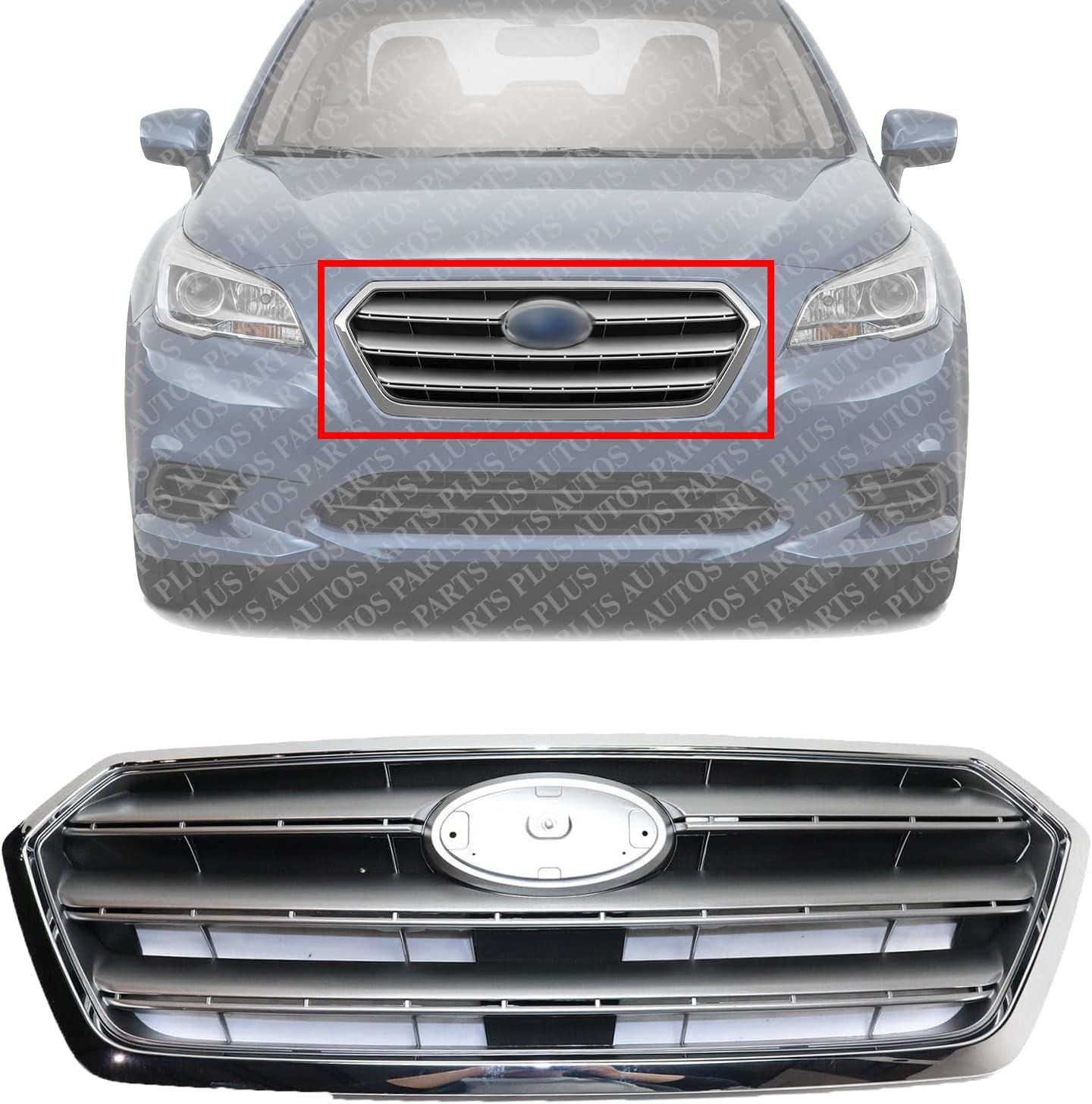 Front Grille Painted Silver Shell with Gray Insert With Chrome Trim Direct Replacement Compatible With 2015-2017 Subaru Legacy SU1200162 91121AL00A