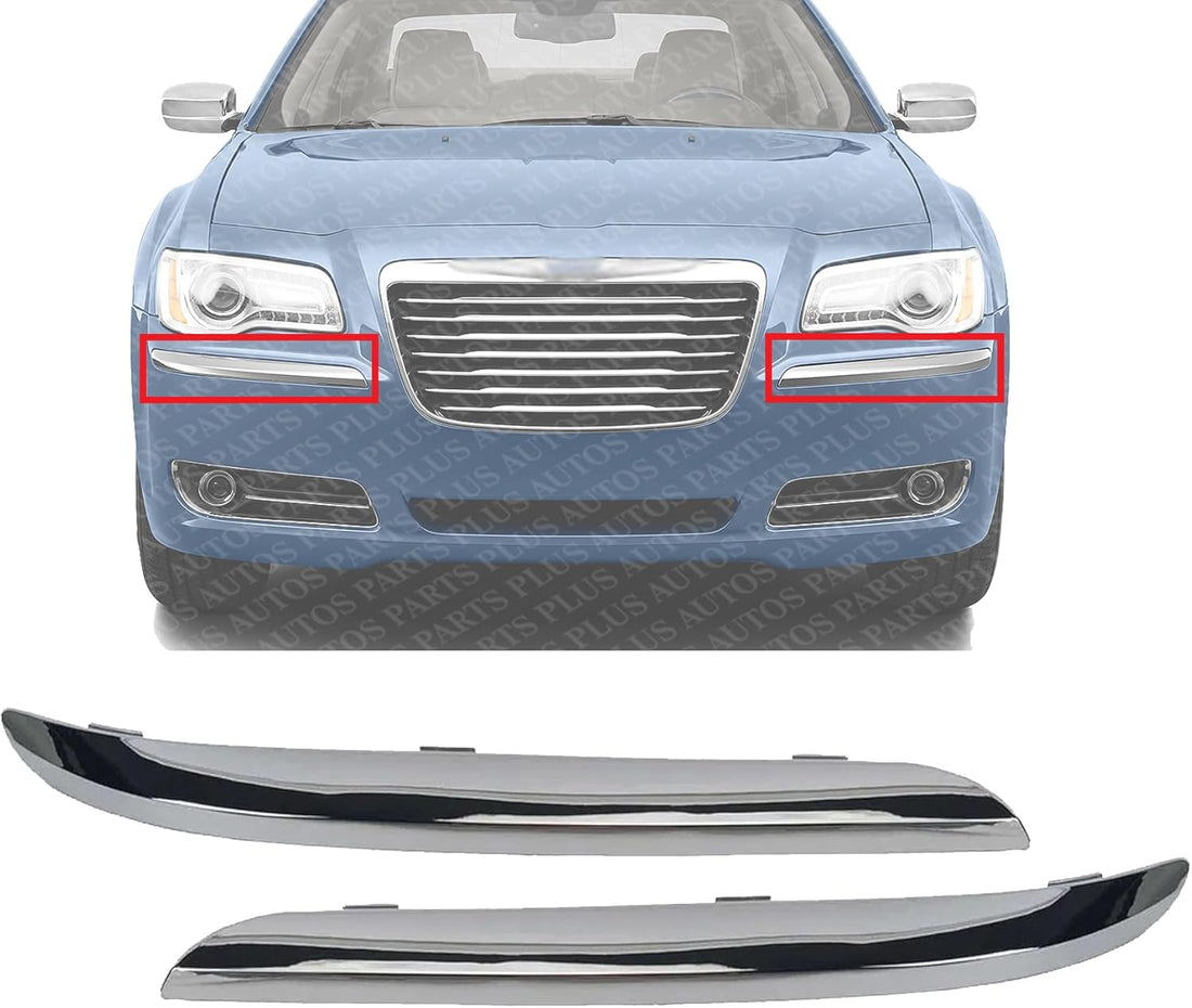 Set Of 2 Front Bumper Molding Chrome Plastic Left Driver & Right Passenger Side Direct Replacement Compatible With 2011-2014 Chrysler 300 CH1046103 CH1047103 68127940AB 68127941AB