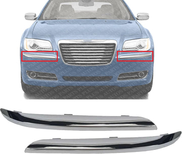 Set Of 2 Front Bumper Molding Chrome Plastic Left Driver & Right Passenger Side Direct Replacement Compatible With 2011-2014 Chrysler 300 CH1046103 CH1047103 68127940AB 68127941AB