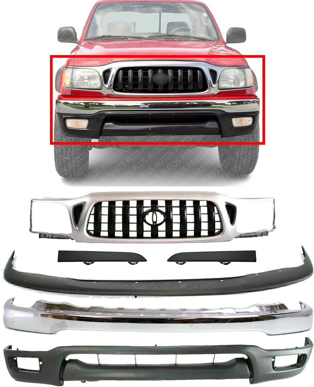 Front Bumper Steel + Grille Chrome + Upper Filler + Lower Valance Penal Primed + Head Light Filler Left & Right Side Direct Replacement Compatible With Toyota Tacoma 2001-2004