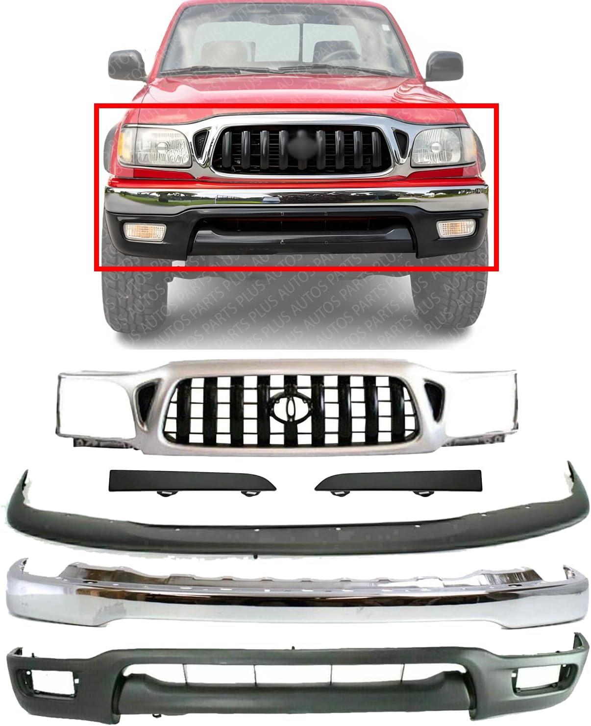 Front Bumper Steel + Grille Chrome + Upper Filler + Lower Valance Penal Primed + Head Light Filler Left & Right Side Direct Replacement Compatible With Toyota Tacoma 2001-2004