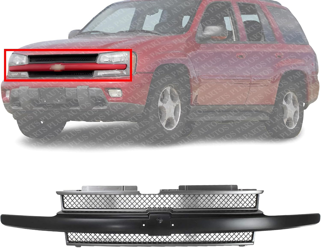 Front Grille Primed Shell And Insert With Center Bar Without Headlamp Washer Holes Direct Replacement Compatible With 2002-2005 Chevrolet Trailblazer GM1200470 10358121