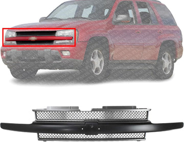 Front Grille Primed Shell And Insert With Center Bar Without Headlamp Washer Holes Direct Replacement Compatible With 2002-2005 Chevrolet Trailblazer GM1200470 10358121