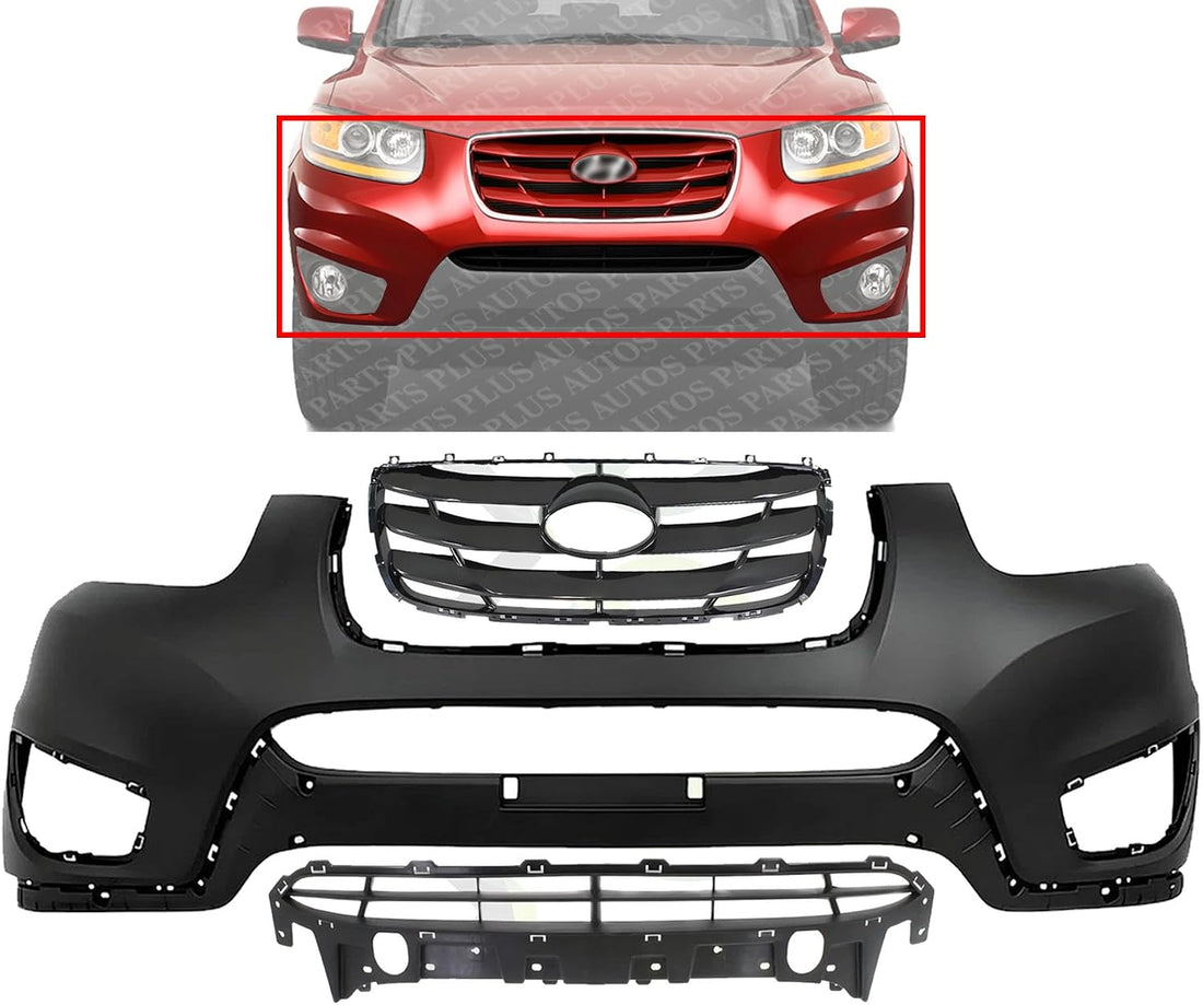 Front Bumper Cover Primed Plastic + Upper & Lower Grille Direct Replacement Compatible with 2010-2012 Hyundai Santa Fe