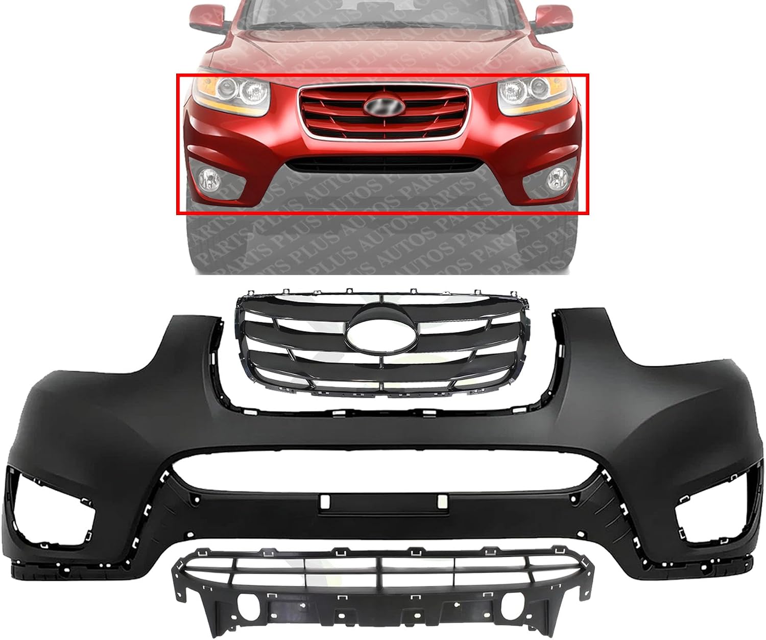 Front Bumper Cover Primed Plastic + Upper & Lower Grille Direct Replacement Compatible with 2010-2012 Hyundai Santa Fe