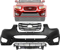 Front Bumper Cover Primed Plastic + Upper & Lower Grille Direct Replacement Compatible with 2010-2012 Hyundai Santa Fe