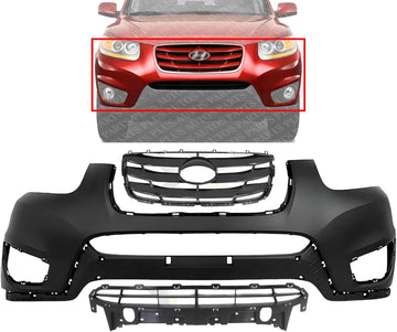 Front Bumper Cover Primed Plastic + Upper & Lower Grille Direct Replacement Compatible with 2010-2012 Hyundai Santa Fe