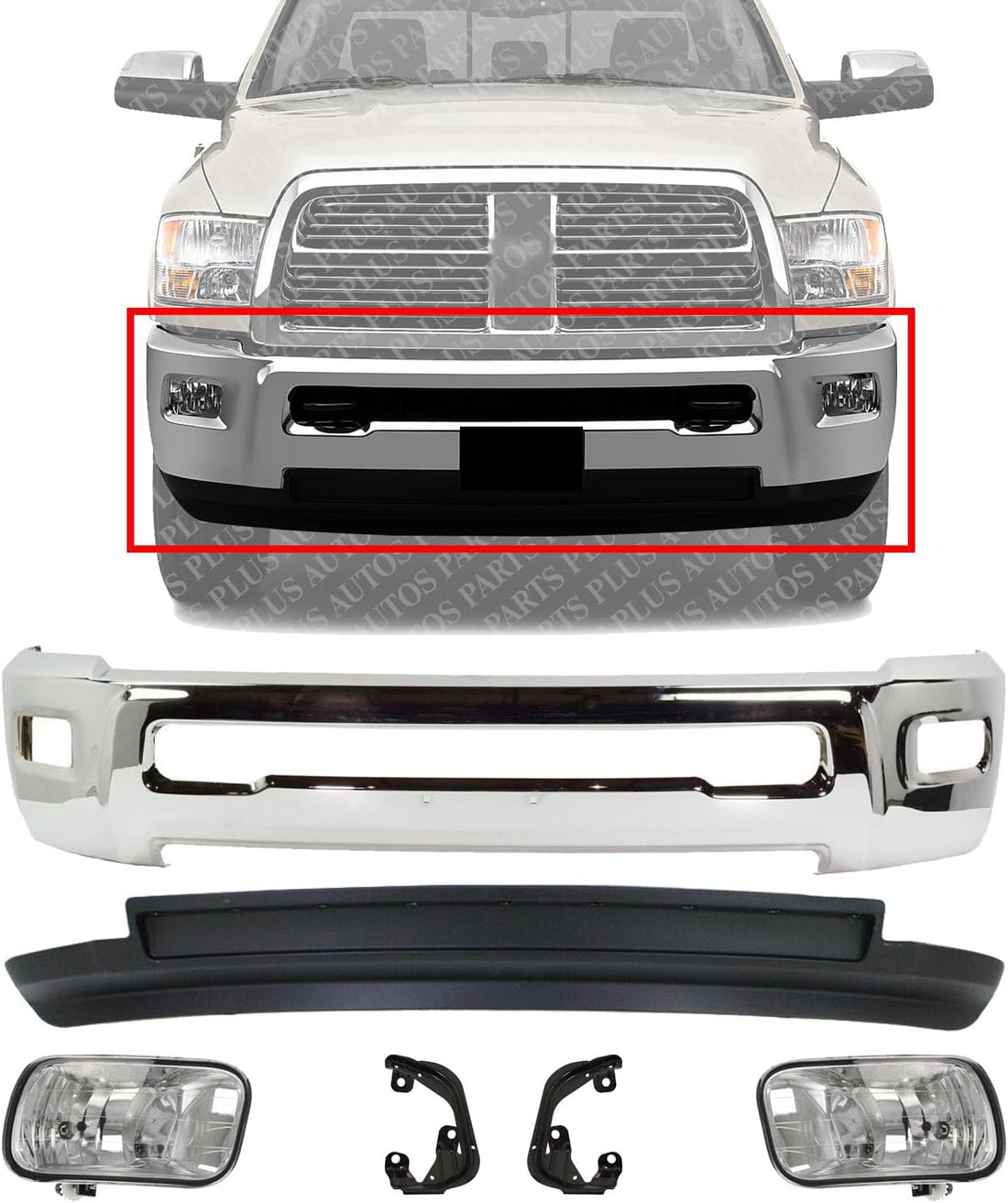 AUTOS PARTS PLUS Front Bumper Chrome Steel + Lower Valance Textured + Fog Lights Assembly + Brackets Right & Left Side Direct Replacement Compatible With Dodge Ram 2500 3500 2010-2012 CH1090141