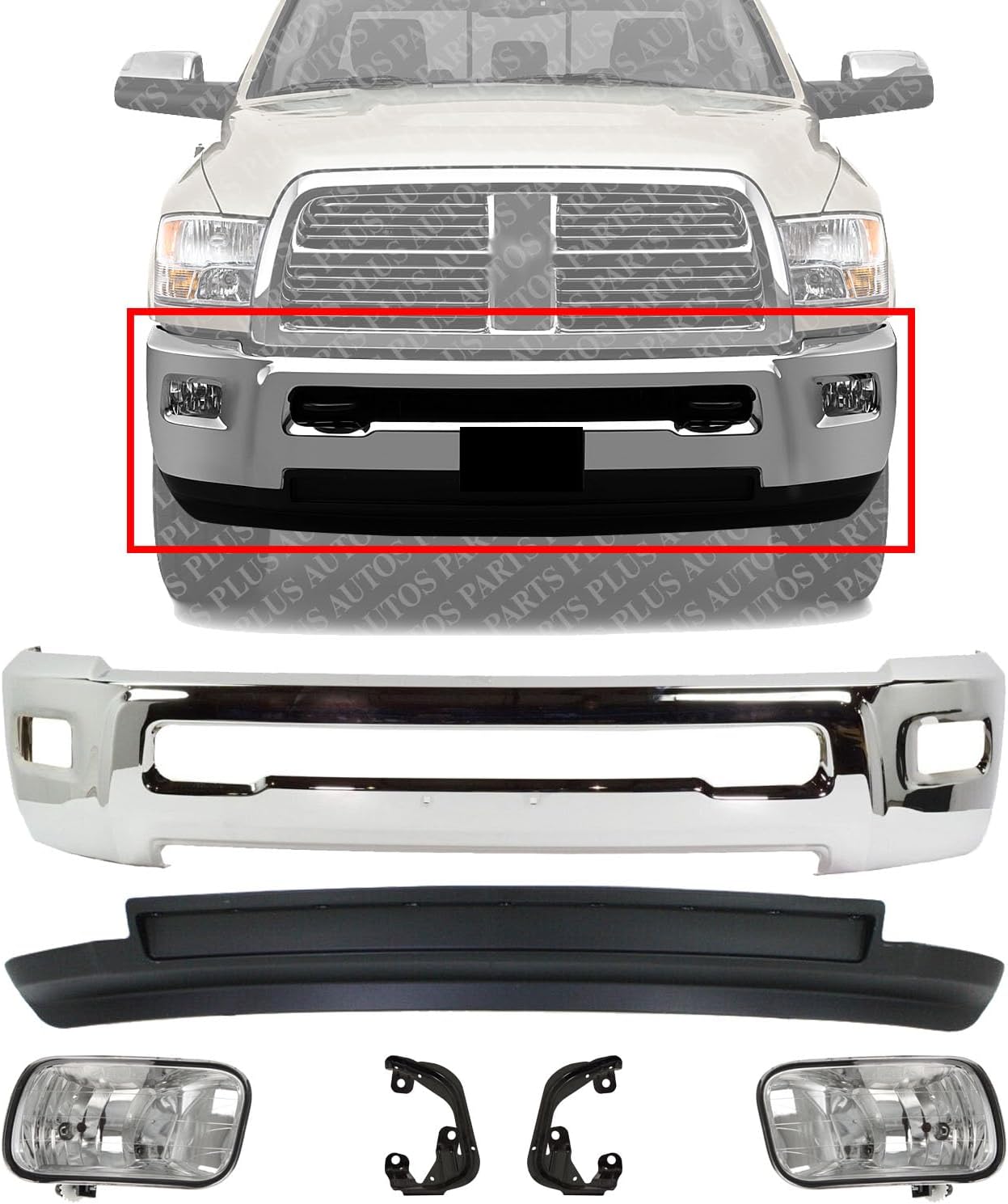 AUTOS PARTS PLUS Front Bumper Chrome Steel + Lower Valance Textured + Fog Lights Assembly + Brackets Right & Left Side Direct Replacement Compatible With Dodge Ram 2500 3500 2010-2012 CH1090141
