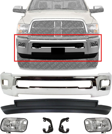 AUTOS PARTS PLUS Front Bumper Chrome Steel + Lower Valance Textured + Fog Lights Assembly + Brackets Right & Left Side Direct Replacement Compatible With Dodge Ram 2500 3500 2010-2012 CH1090141