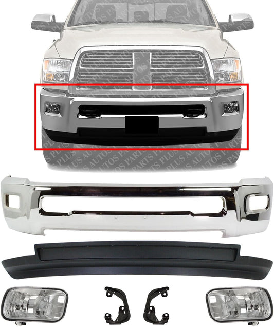 AUTOS PARTS PLUS Front Bumper Chrome Steel + Lower Valance Textured + Fog Lights Assembly + Brackets Right & Left Side Direct Replacement Compatible With Dodge Ram 2500 3500 2010-2012 CH1090141