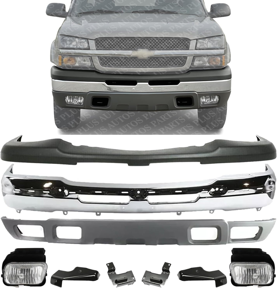 Front Bumper + Upper Cover + Lower Valance + Set Of 4 Bracket + Fog Lamps Left & Right Side Direct Replacement Compatible With 2003-2006 Chevy Silverado 1500/2002-2006 Avalanche
