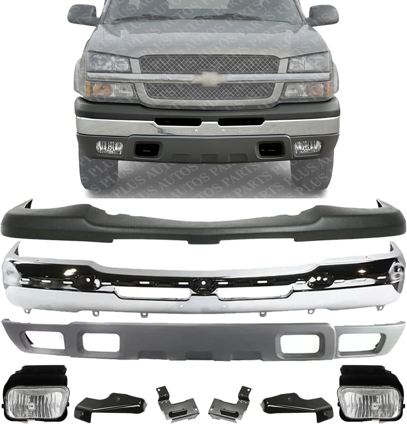 Front Bumper + Upper Cover + Lower Valance + Set Of 4 Bracket + Fog Lamps Left & Right Side Direct Replacement Compatible With 2003-2006 Chevy Silverado 1500/2002-2006 Avalanche