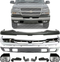 Front Bumper + Upper Cover + Lower Valance + Set Of 4 Bracket + Fog Lamps Left & Right Side Direct Replacement Compatible With 2003-2006 Chevy Silverado 1500/2002-2006 Avalanche