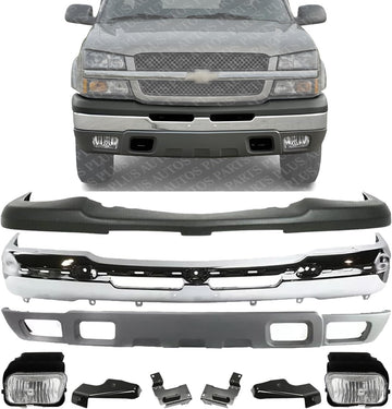 Front Bumper + Upper Cover + Lower Valance + Set Of 4 Bracket + Fog Lamps Left & Right Side Direct Replacement Compatible With 2003-2006 Chevy Silverado 1500/2002-2006 Avalanche