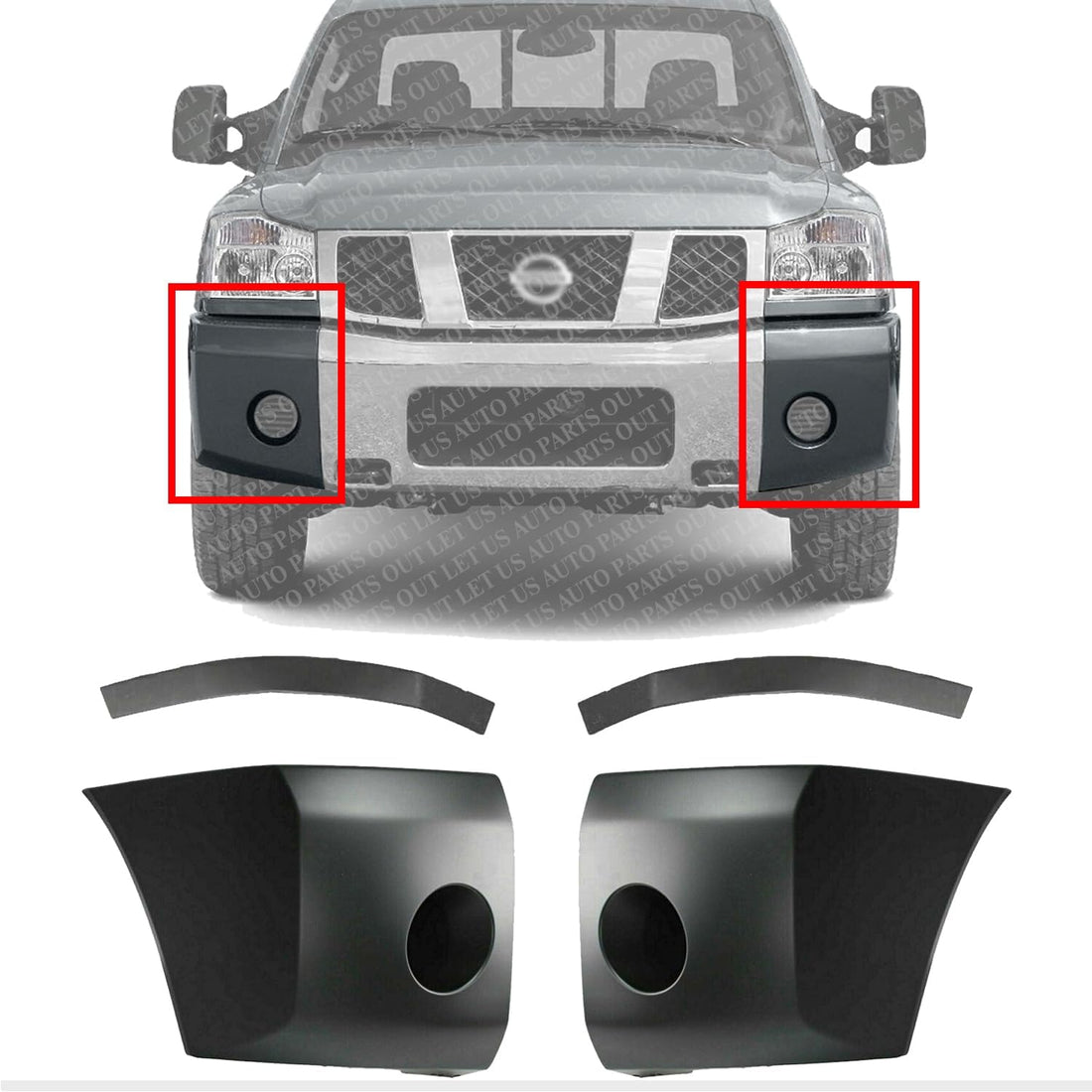 Front Bumper End Caps + Extension Filler Primed Left Driver & Right Passenger Side Direct Replacement Compatible With 2004-2007 Nissan Titan/Armada NI1089106 NI1088106 NI1005147