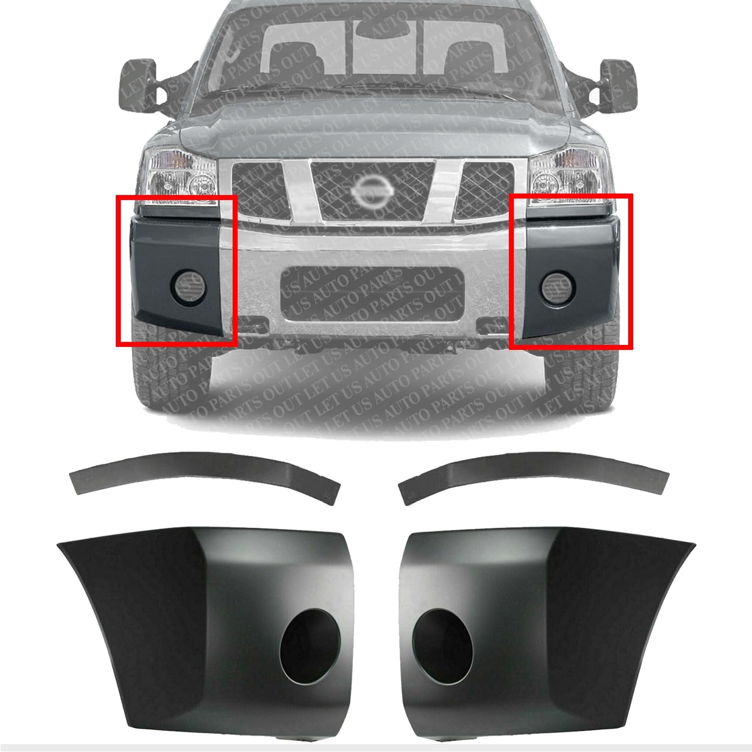 Front Bumper End Caps + Extension Filler Primed Left Driver & Right Passenger Side Direct Replacement Compatible With 2004-2007 Nissan Titan/Armada NI1089106 NI1088106 NI1005147