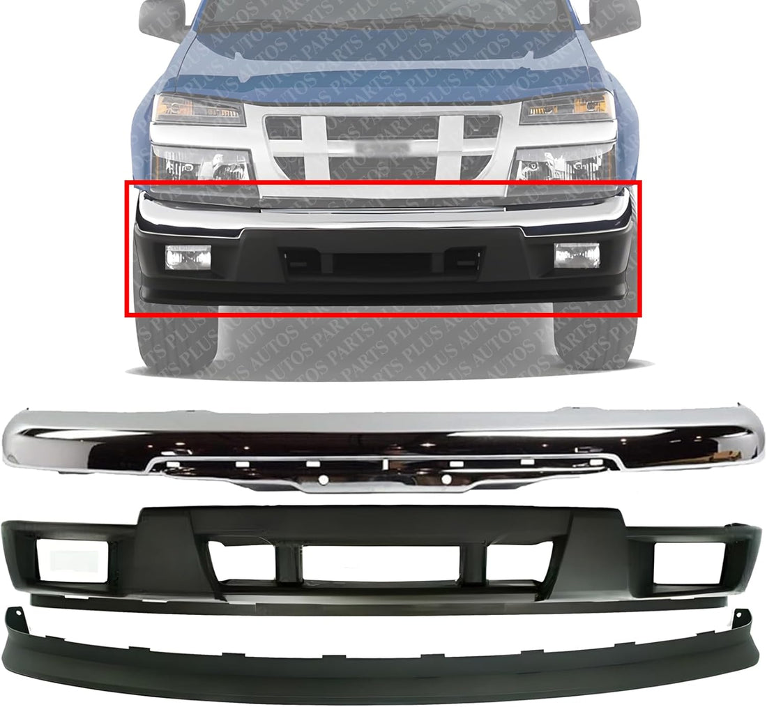 AUTOS PARTS PLUS Front Bumper Impact Bar Chrome Steel + Lower Valance With Fog Light Holes + Extension Textured Direct Replacement Compatible With 2004-2012 Chevrolet Colorado/GMC Canyon GM1092183