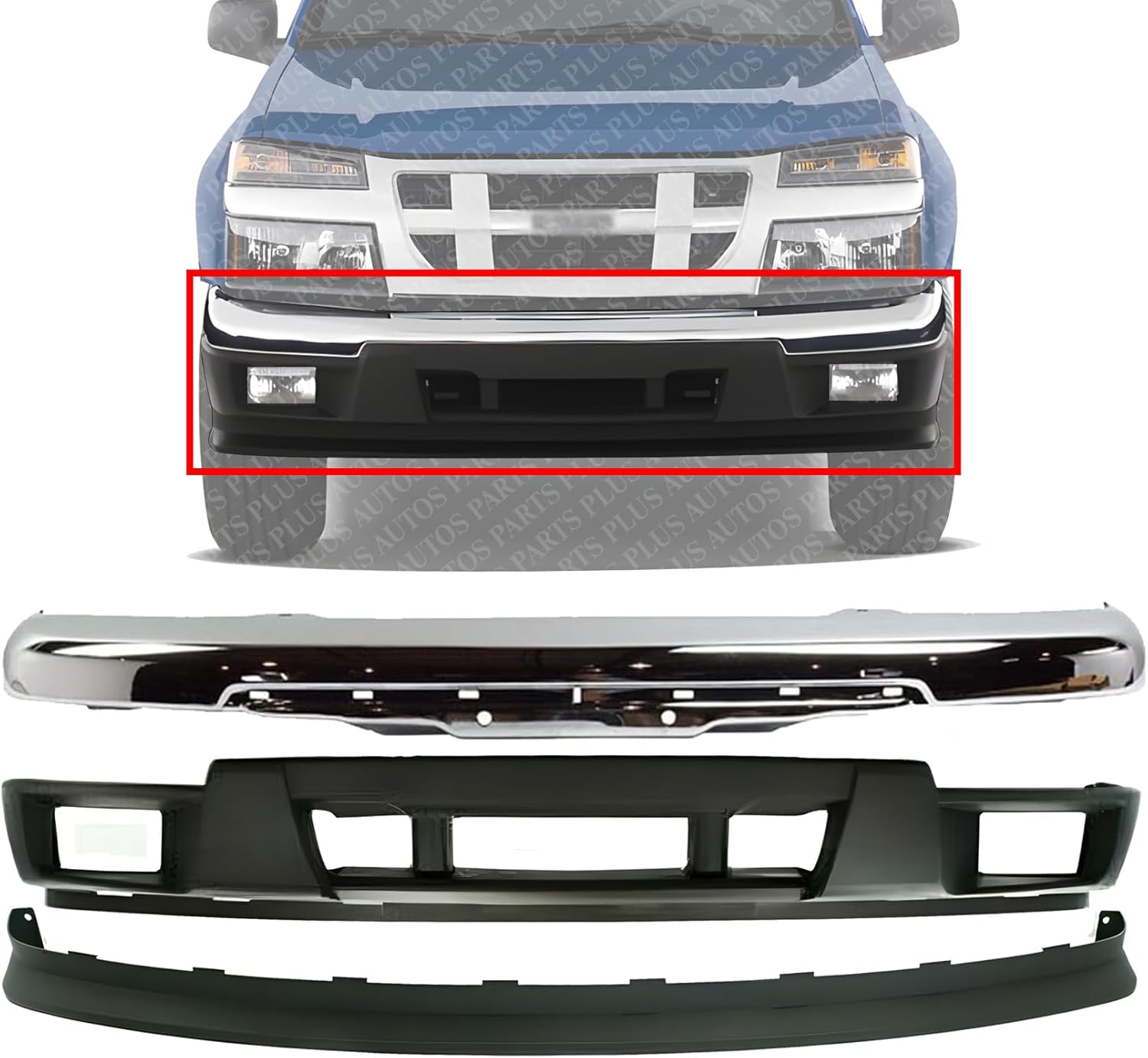 AUTOS PARTS PLUS Front Bumper Impact Bar Chrome Steel + Lower Valance With Fog Light Holes + Extension Textured Direct Replacement Compatible With 2004-2012 Chevrolet Colorado/GMC Canyon GM1092183