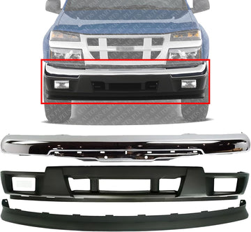 AUTOS PARTS PLUS Front Bumper Impact Bar Chrome Steel + Lower Valance With Fog Light Holes + Extension Textured Direct Replacement Compatible With 2004-2012 Chevrolet Colorado/GMC Canyon GM1092183