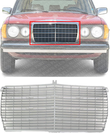 Front Grille Insert Silver Plastic Direct Replacement Compatible With 1977-1981 Mercedes Benz 280E / 1978-1985 300CD 1238880923