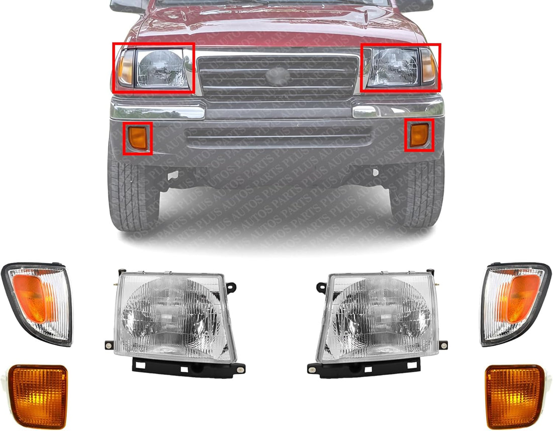 Front Head Light + Corner & Signal Lamp Set Of 6 Left Driver & Right Passenger Side Direct Replacement Compatible With 1998-2000 Toyota Tacoma 4WD TO2503120 TO2502120 TO2520154