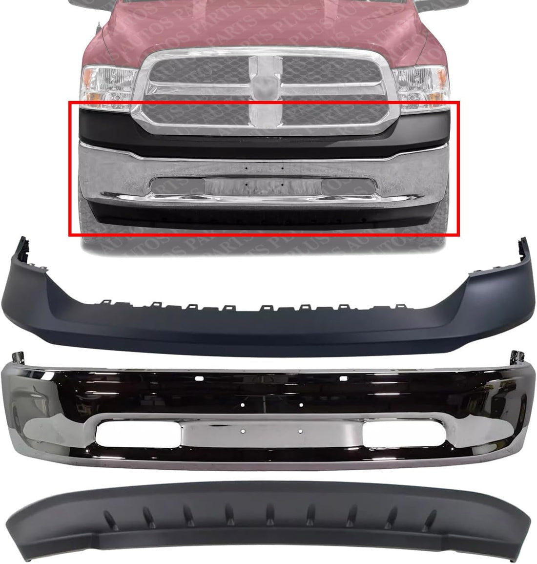 Front Bumper Chrome Steel Without Fog Light Holes + Upper Cover Primed + Lower Valance Air Dam Textured Direct Replacement Compatible With 2013-2018 Ram 1500 CH1014108 CH1002397