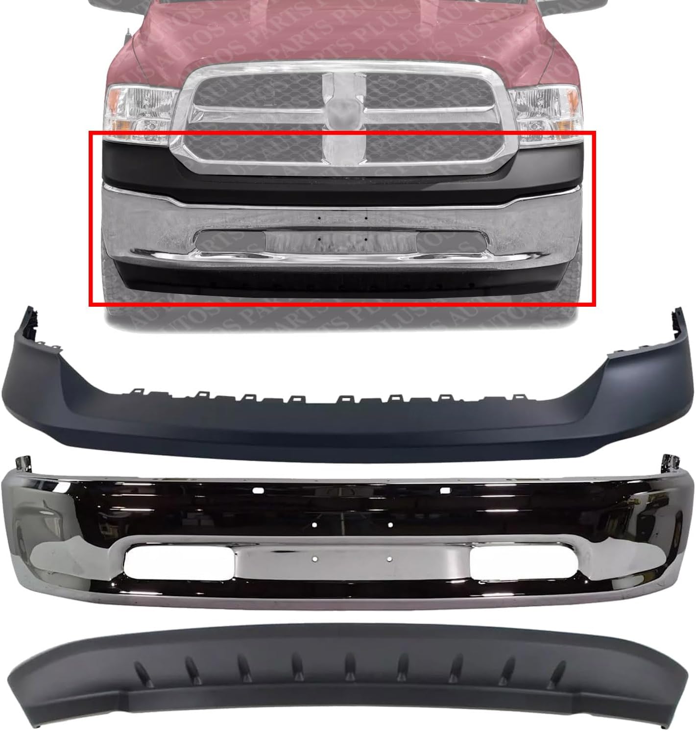 Front Bumper Chrome Steel Without Fog Light Holes + Upper Cover Primed + Lower Valance Air Dam Textured Direct Replacement Compatible With 2013-2018 Ram 1500 CH1014108 CH1002397