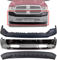 Front Bumper Chrome Steel Without Fog Light Holes + Upper Cover Primed + Lower Valance Air Dam Textured Direct Replacement Compatible With 2013-2018 Ram 1500 CH1014108 CH1002397