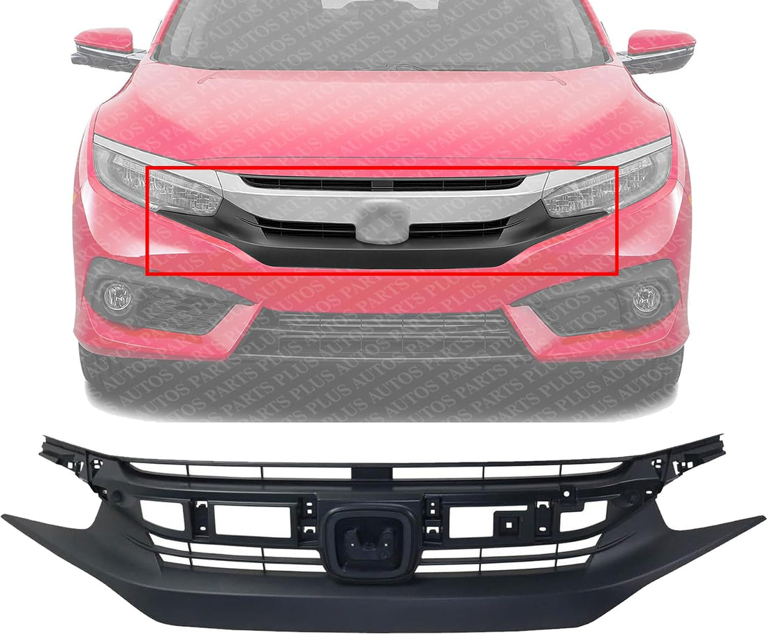 Front Bumper Grille Textured Shell And Insert Plastic Direct Replacement Compatible With 2016-2018 Honda Civic HO1200231 71121TBAA01