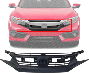 Front Bumper Grille Textured Shell And Insert Plastic Direct Replacement Compatible With 2016-2018 Honda Civic HO1200231 71121TBAA01