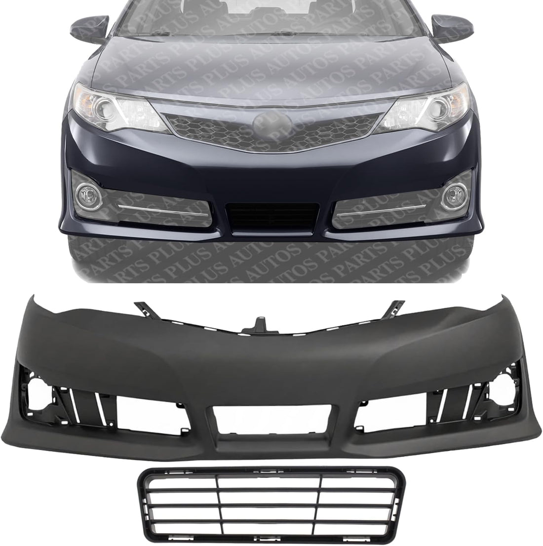 Front Bumper Cover Primed + Lower Grille Textured Direct Replacement Compatible With 2012-2014 Toyota Camry TO1000379 TO1036129 5211906975 5311206210
