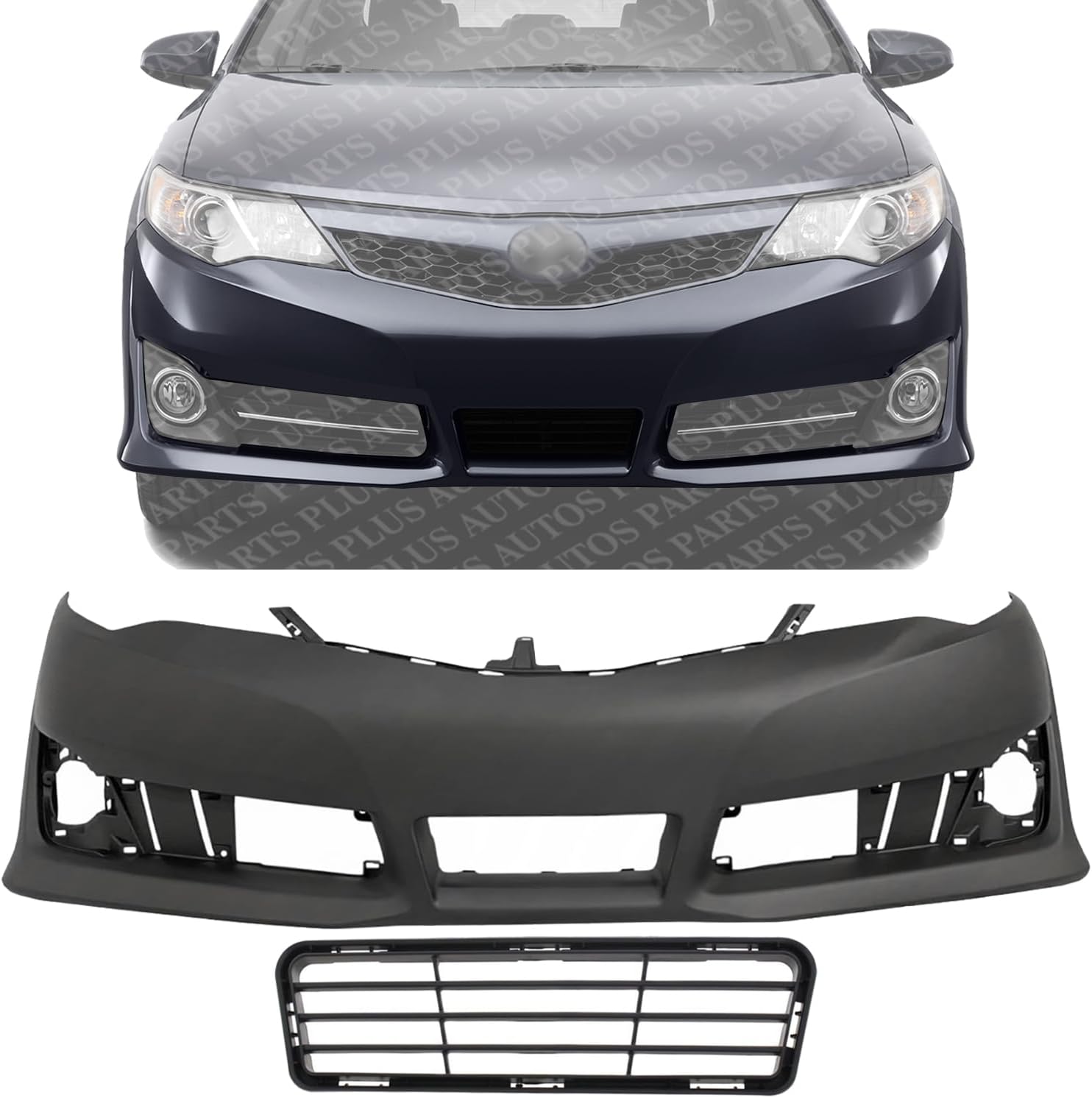 Front Bumper Cover Primed + Lower Grille Textured Direct Replacement Compatible With 2012-2014 Toyota Camry TO1000379 TO1036129 5211906975 5311206210