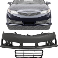 Front Bumper Cover Primed + Lower Grille Textured Direct Replacement Compatible With 2012-2014 Toyota Camry TO1000379 TO1036129 5211906975 5311206210