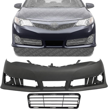 Front Bumper Cover Primed + Lower Grille Textured Direct Replacement Compatible With 2012-2014 Toyota Camry TO1000379 TO1036129 5211906975 5311206210