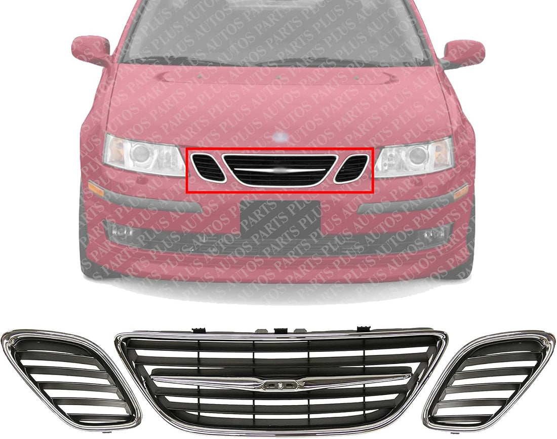 AUTOS PARTS PLUS Set Of 3 Front Center Grille + Left Driver & Right Passenger Side Chrome Shell & Black Insert Direct Replacement Compatible With 2003-2007 Saab 9-3 SB1200103 SB1200104 SB1200102