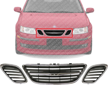 AUTOS PARTS PLUS Set Of 3 Front Center Grille + Left Driver & Right Passenger Side Chrome Shell & Black Insert Direct Replacement Compatible With 2003-2007 Saab 9-3 SB1200103 SB1200104 SB1200102